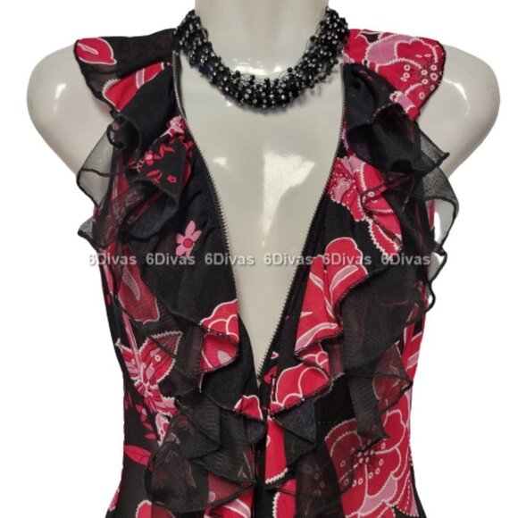 Sheer See Through Red and Black Ruffle Frilly Sleeveless Mini Dress - Picture 4 of 14